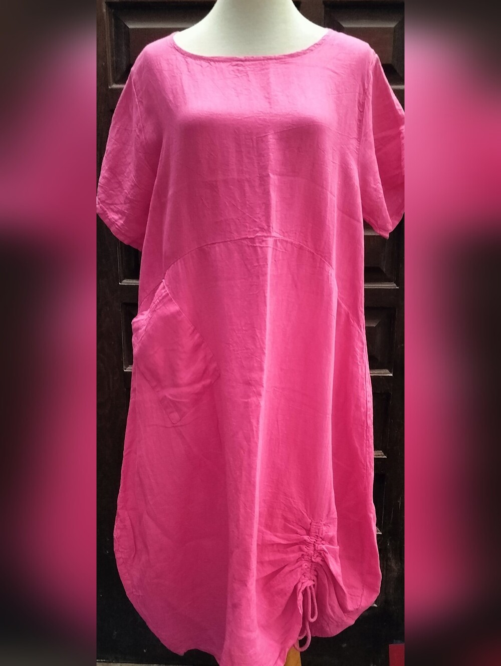 Bright Pink 100% Linen Dress with Side Pocket